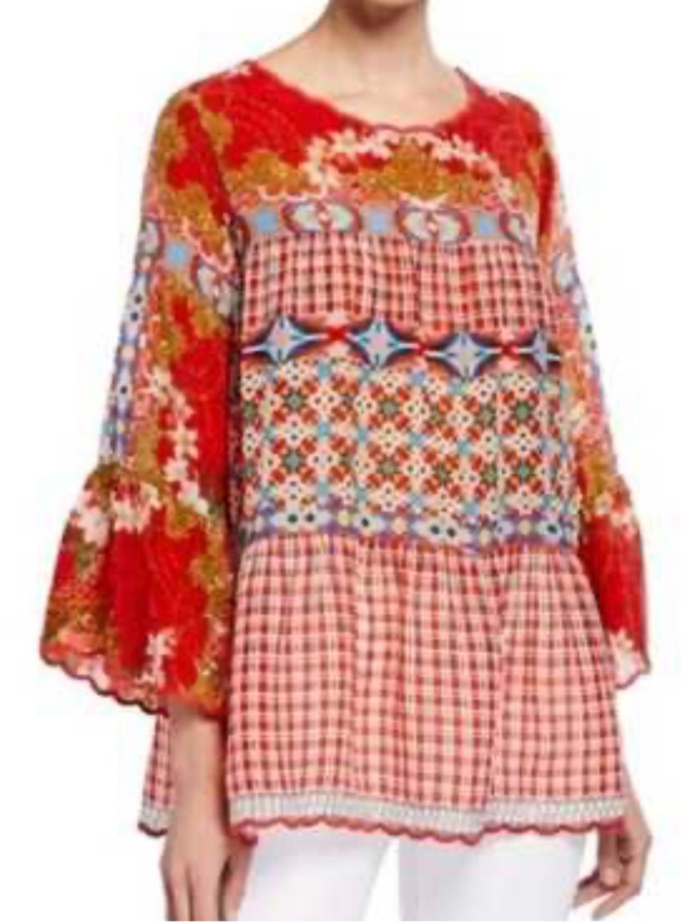 Johnny Was Red Multicolor Art To Wear Boho Georgette Pintuck Oversized Blouse